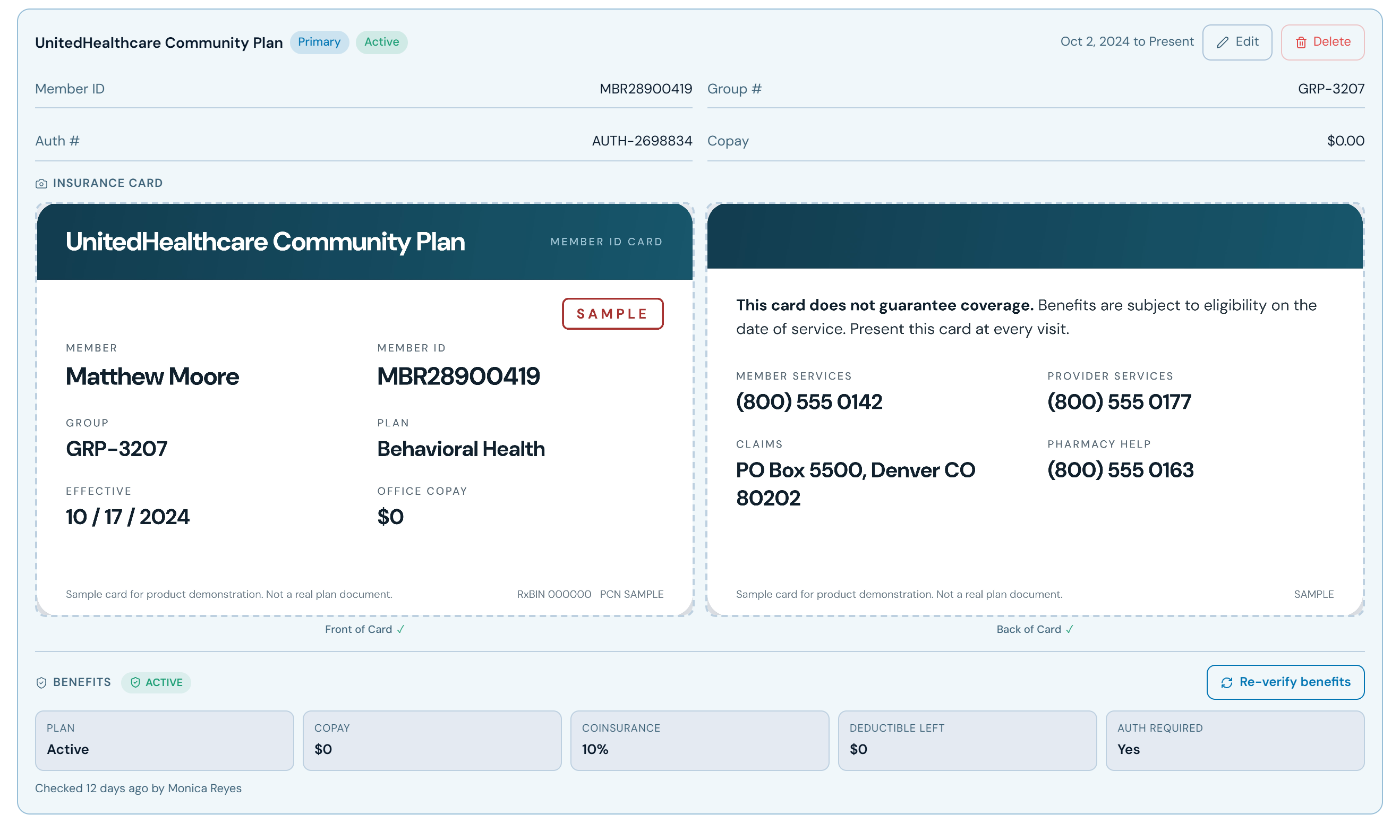 The client insurance record after a benefits check, showing plan status, copay, coinsurance, deductible remaining and whether authorization is required, with the card on file.