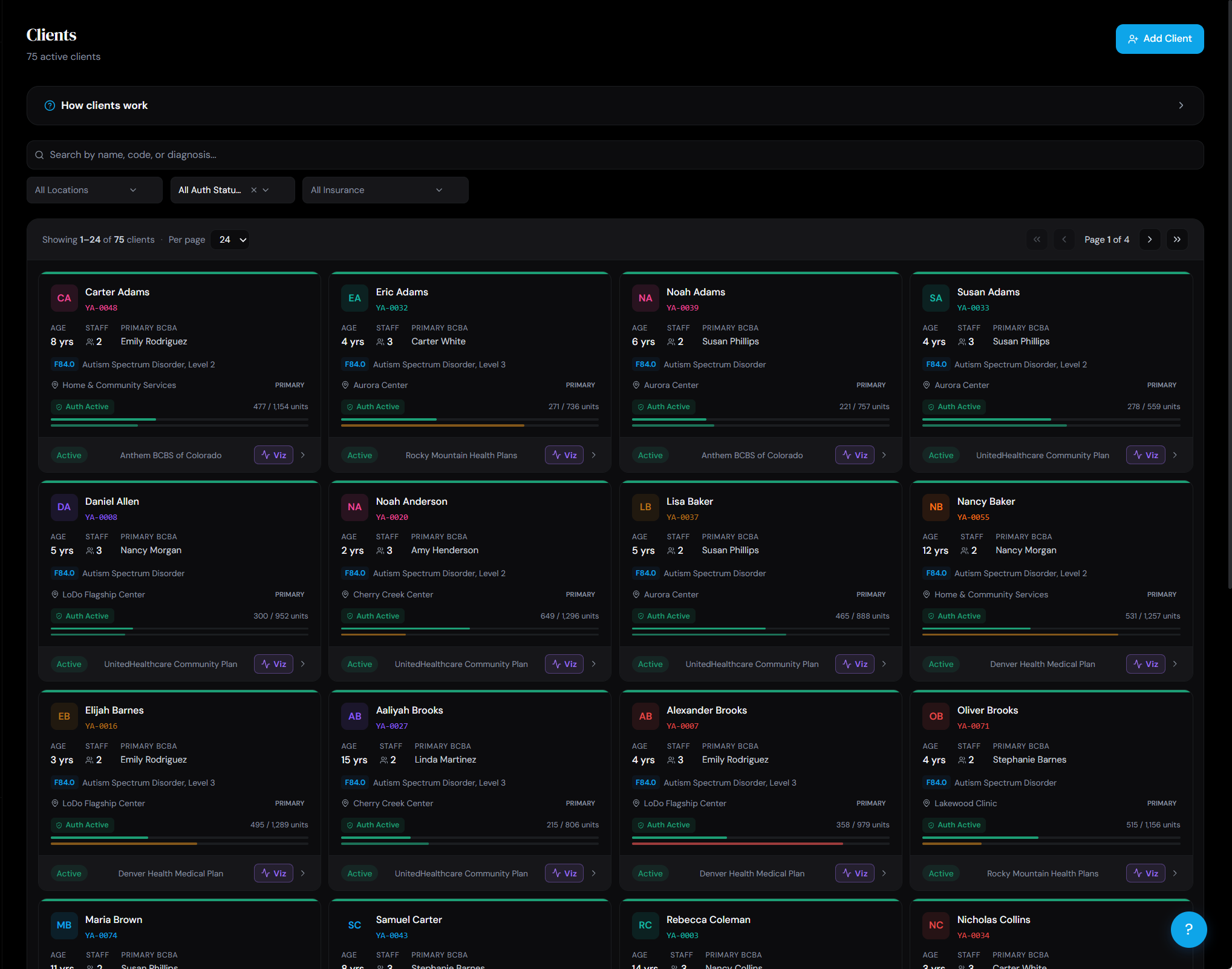 ABAVault caseload view, real product screenshot
